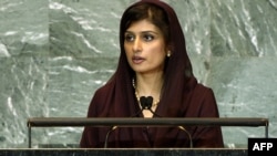 Pakistani Foreign Minister Hina Rabbani Khar addresses the UN's 66th General Assembly in September 2011.