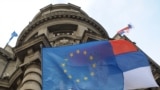 Serbia - The EU flag hangs in front of the Serbian government building in Belgrade, 2Mar2012.