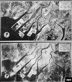 Виды Хиросимы 13 апреля 1945 года (сверху) и 11 августа 1945 года (снизу)