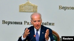 U.S. Vice President Joe Biden addresses members of the Ukrainian parliament during a meeting in Kyiv on April 22.