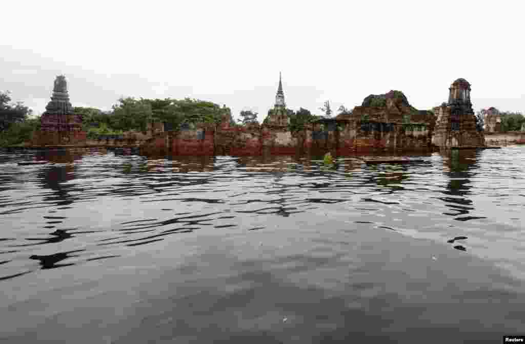 A view of a flooded temple at Ayutthaya, Thailand