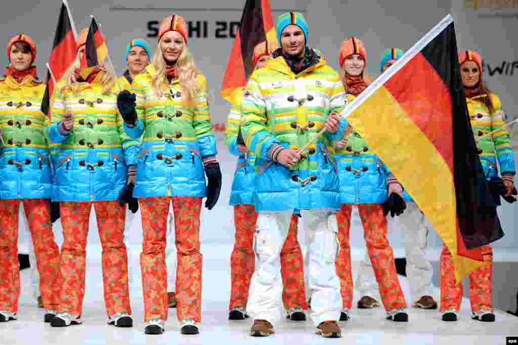 German Olympic and Paralympic team members model their warm weather gear in Dusseldorf, Germany.