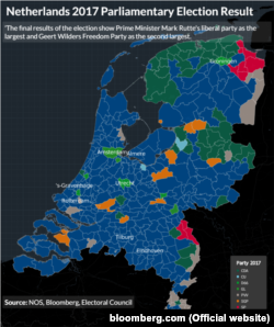Так проголосували Нідерланди: синім позначено округи, де виграла Народна партія за свободу і демократію Марка Рютте, а сірим – округи, де перемогла Партія свободи Герта Відлерса (інфографіка агентства Bloomberg)