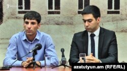 Armenia - Garik Sargsian (L), mayor of Nor Kyank village, and his lawyer, Rustam Badasian, at a news conference in Yerevan, 23Aug2017 