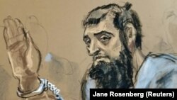 Sayfullo Saipov is seen in this courtroom sketch appearing in a Manhattan federal courtroom in a wheelchair on November 1.