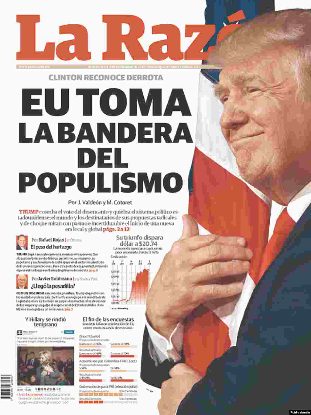 Mexico's La Razon newspaper. The headline reads "America takes the flag of populism."