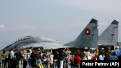 A Soviet-era Mig-29 fighter jet preparing for take off during an air show in Bulgaria.