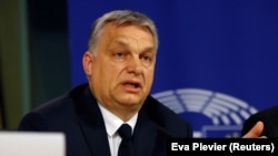 BELGIUM -- Hungarian Prime Minister Viktor Orban speaks during a news conference after a European People Party Political Assembly on the Hungary's Fidesz party in Brussels, Belgium March 20, 2019