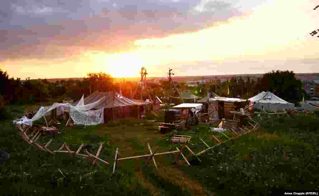 The blockaders' camp at Bakhmut, a town around 30 kilometers from the front lines of the Ukrainian conflict. The blockade began here early this year when activists stepped out in front of a train hauling coal from separatist-held territory to the rest of Ukraine.