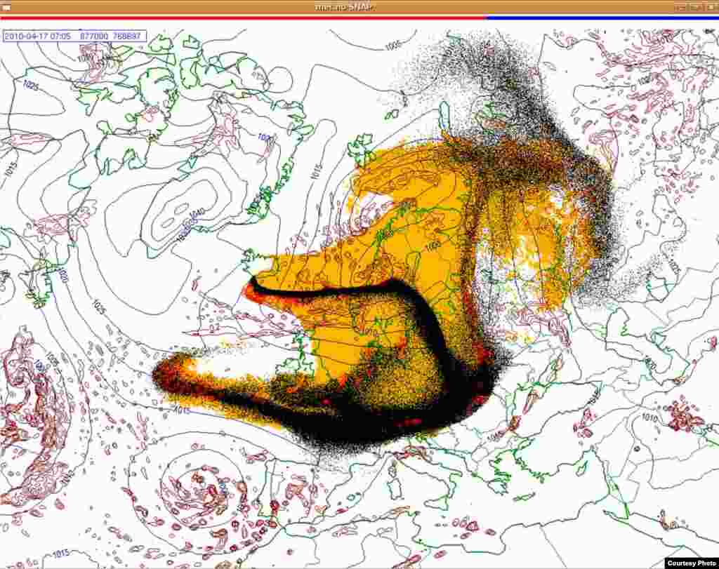 Projected spread of Icelandic ash cloud (17.4. 0700 UTC) - These images show a projection of the movement of the ash clouds from the Iceland volcanic eruption moving over Europe. The colors on the map represent: yellow: ash that has fallen by itself red: ash that has fallen by precipitation black: the actual ash cloud Source: Norwegian Meteorological Institute