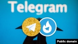 Iran-- logos of Hotgram and Talagram, with real Telegram in the backgroundund.