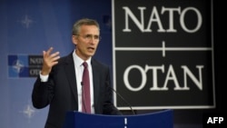 Belgium -- NATO Secretary-General Jens Stoltenberg speaks during a press confenrence following a meeting of NATO defence ministers with their Ukrainian counterpart at the NATO headquarters in Brussels, June 15, 2016