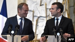 French President Emmanuel Macron (right) and Polish Prime Minister Donald Tusk (file photo)