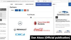 Parteneri oficiali și sponsori ai Guvernului român pentru reuniunea informală a miniștrilor de externe din UE, de la finalul lui ianuarie 2019, courtesy Google Archive