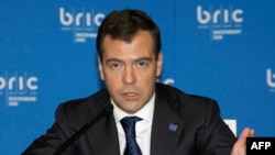 Russian President Dmitry Medvedev speaks during a BRIC summit in Yekaterinburg in June 2009.