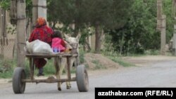 Lebap welaýatynyň etraplarynyň birinde eşekli arabada barýan ene we agtyk.