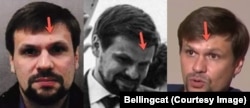 Three different images of Anatoly Chepiga. Left to right: 1) A photo of Chepiga in Gatwick airport in March 2018 released by British authorities; 2) The same man at the wedding of a daughter of a Russian military official in 2017; 3) Calling himself Ruslan Boshirov, Chepiga as he looked when interviewed by a Russian TV station shortly after the Skripal affair hit the headlines in 2018.