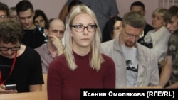 Maria Motuznaya appears in court in Barnaul on August 6.
