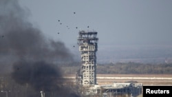 The traffic control tower of Donetsk's international airport, heavily damaged by shelling