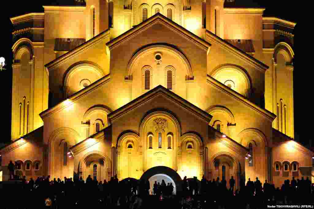 The Holy Trinity Cathedral at night. Construction began on this building in 1995 and it was completed in 2004.