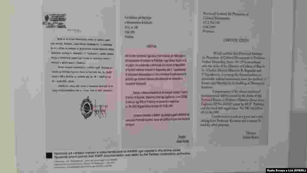 Faksimili që vërteton e vendimi i Republikës së Serbisë për marrjen e monumenteve të Trashëgimisë Kulturore të Kosovës nga organet e dhunshme serbe dhe dërgimin e tyre në Serbi.