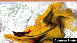 Спутниковая проекция движения вулканического облака из Исландии на 18 апреля к 9 вечера по Баку