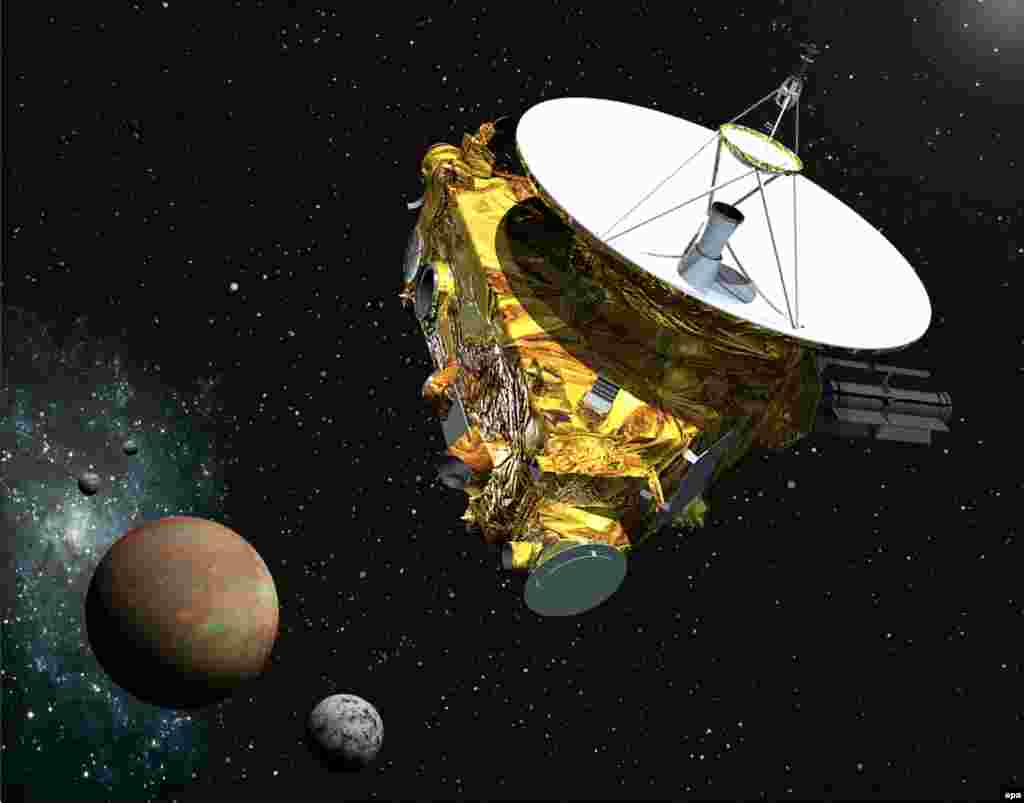 А так художник представляет себе подлет New Horizons к Плутону и его лунам (всего их пять, нар исованы три, включая Харон). 