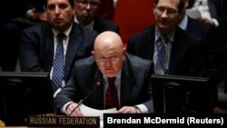 Russian ambassador to the U.N. Vasily Nebenzya speaks during a UN Security Council meeting on Syria at the United Nations headquarters in New York, February 22, 2018