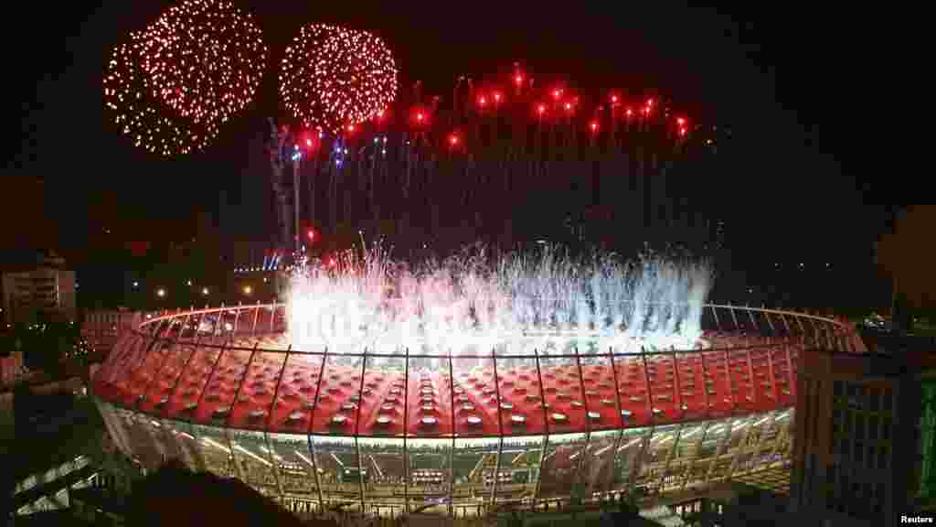 Fireworks explode over Kyiv&#39;s Olympic Stadium after the final.