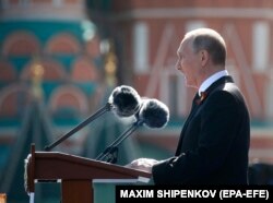 Putin delivers his speech during the Victory Day ceremonies in Moscow on May 9.