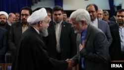 Iranian president Hassan Rouhani meeting with Mohammad Reza Aref and other reformists. Undated