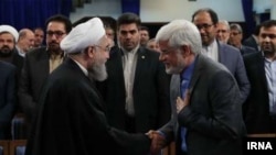 Iranian president Hassan Rouhani meeting with Mohammad Reza Aref and other reformists. File photo