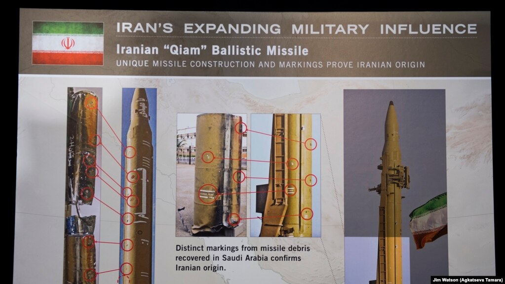 U.S. -- A placard describing pieces of an Iranian Qiam Ballistic Missile on display after US Ambassador to the United Nations Nikki Haley unveiled previously classified information intending to prove Iran violated UNSCR 2231 by providing the Houthi rebels