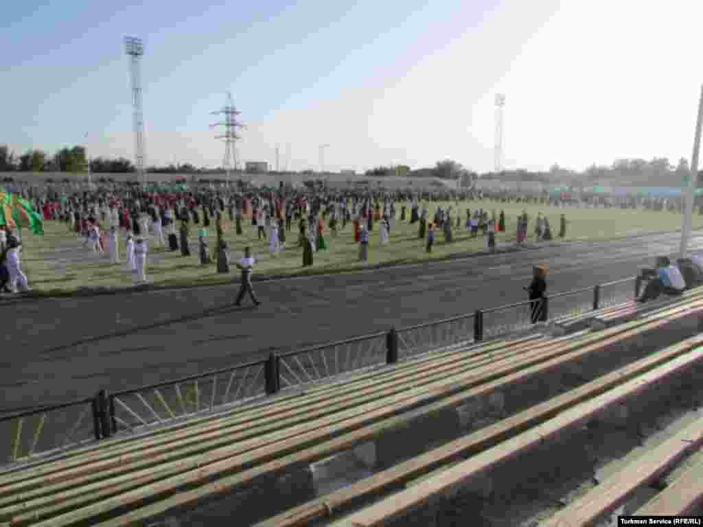 Rehearsals inside Turkmenebat's Labor Stadium for Turkmenistan's Independence Day celebrations.