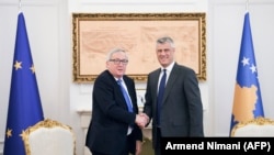 European Commission President Jean-Claude Juncker (left) and Kosovo's President Hashim Thaci in Pristina on February 28.