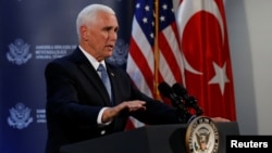 U.S. Vice President Mike Pence speaking during a news conference at the U.S. Embassy in Ankara.