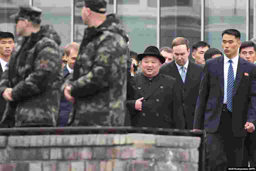 Kim arriving at the railway station. The Russian-North Korean summit comes two months after talks broke down between Kim and U.S. President Donald Trump.