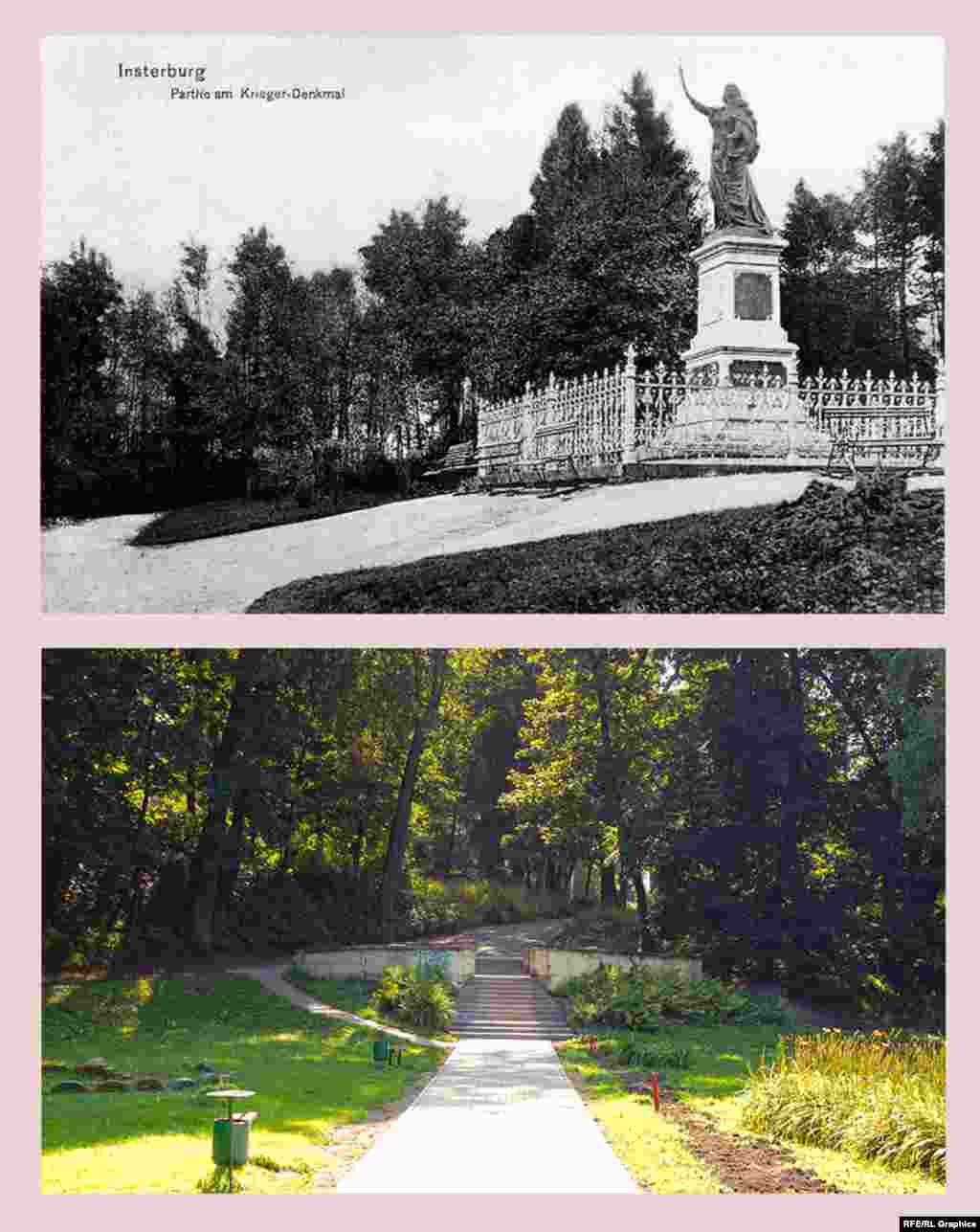 Chernyakhovsk (formerly Insterburg), town park (formerly Riflemen Valley). Monument to fallen soldiers The park is located in a valley with a small river. It was founded in 1843 by the local riflemen guild, which explains its original name. During Pentecost, it hosted concerts of singing unions and on other days, military bands, various exhibitions, or masquerades. After World War I, the park became one of the most important concert venues in town. &nbsp;