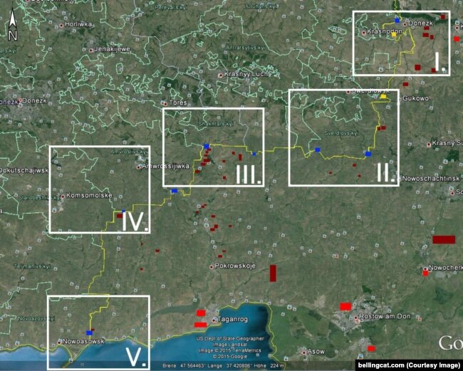 Пять зон, на которые условно разделили границу авторы расследования Bellingcat