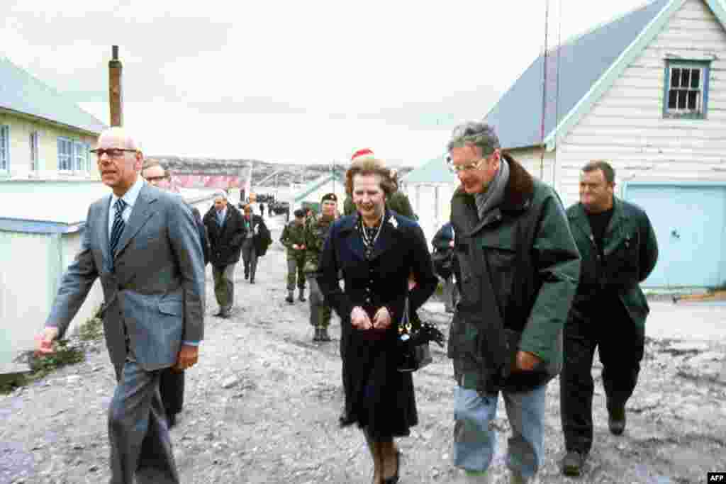 Margaret Thatcher tours Port Stanley with her husband, Denis, during her five-day surprise visit to the Falkland Islands in January 1983.