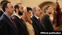 Armenia -- Prime Minister Nikol Pashinian, parliament speaker Ararat Mirzoyan (second from left) and Constitutional Court Chairman Hrayr Tovmasian (left) attend a Christmas mass at St. Gregory the Illuminator's Cathedral in Yerevan, January 6, 2020.