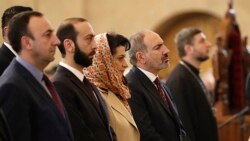 Armenia -- Prime Minister Nikol Pashinian, parliament speaker Ararat Mirzoyan (second from left) and Constitutional Court Chairman Hrayr Tovmasian (left) attend a Christmas mass at St. Gregory the Illuminator's Cathedral in Yerevan, January 6, 2020.