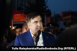 Mikheil Saakashvili addresses the crowd in Dnipro on September 20.