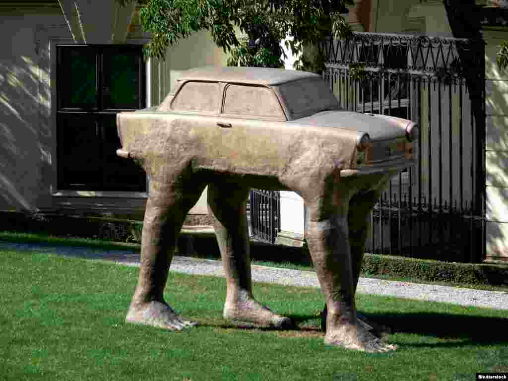 ...and the car was immortalized in art. This sculpture in the garden of the German Embassy in Prague is dedicated to the 4,000 East Germans who fled to the Czechoslovakian city and occupied the garden in early 1989. The refugees left their Trabants behind after being granted asylum.