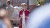 Swiss President Simonetta Sommaruga speaks during a trip to the Donetsk and Luhansk regions of eastern Ukraine on July 23.