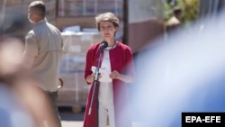 Swiss President Simonetta Sommaruga speaks during a trip to the Donetsk and Luhansk regions of eastern Ukraine on July 23.