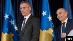 NATO Secretary-General Jens Stoltenberg (left) and Kosovar Prime Minister Isa Mustafa in Pristina on February 3