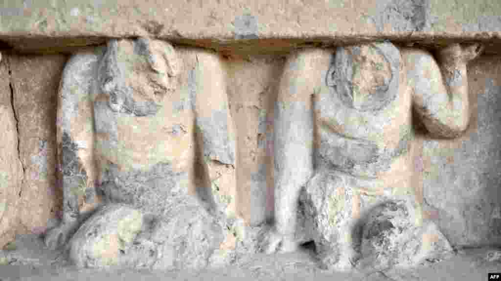 Wall carvings at an ancient place of worship at Taxila in Pakistan&#39;s Punjab Province