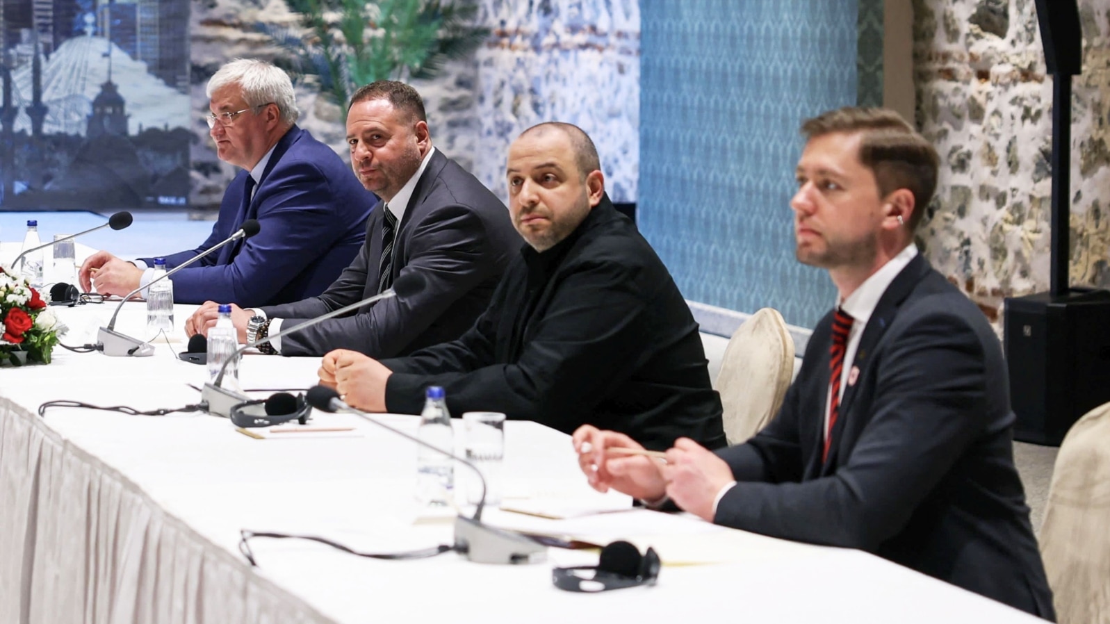Ukrainian Foreign Minister Andriy Sybiha (left), the head of Ukraine's presidential office, Andriy Yermak (second left), and Ukrainian Defense Minister Rustem Umerov (third left) attend a meeting for Ukraine-Russia peace talks in Istanbul on May 16. 