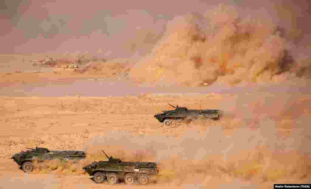 Tajik Army military hardware is seen during a joint military exercise by Russia, Tajikistan, and Uzbekistan on the Harb-Maidon military training ground, about 20 kilometers from the border with Afghanistan.